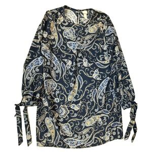 H&M Dress Womens 12 Blue Paisley Long Sleeve Tie Sleeves Accent Boho Cottagecore